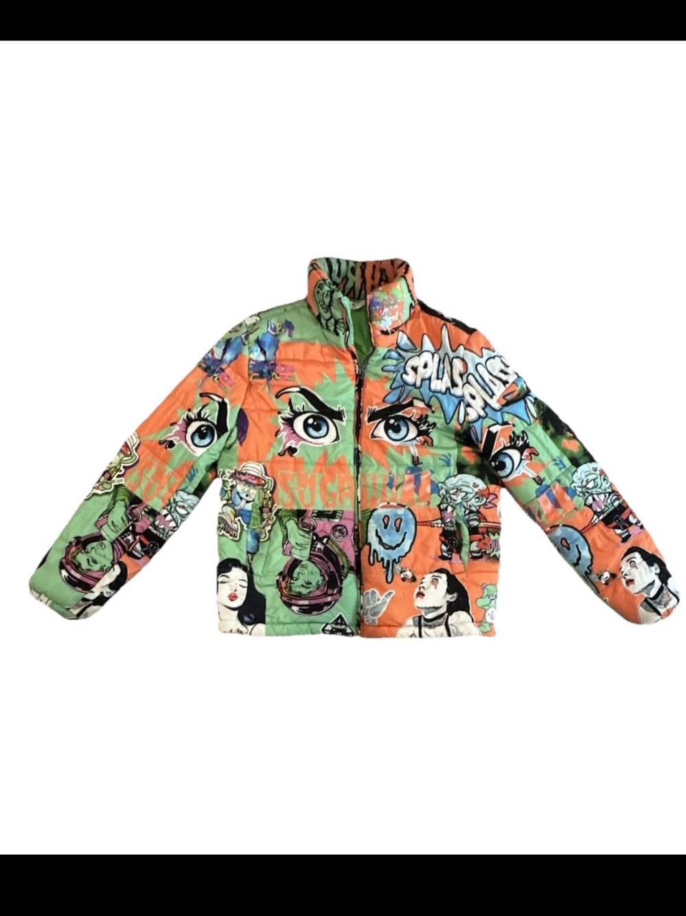 Sugarhill Mens Graphic Print Puffer Jacket Green Orange Multicolor Full Zip M